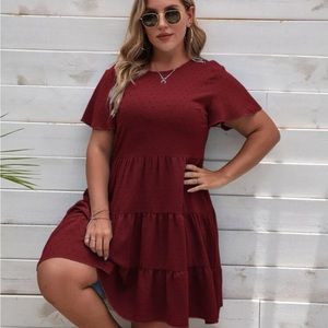 Burgundy Swiss Dot Ruffle Hem Short Sleeve Dress